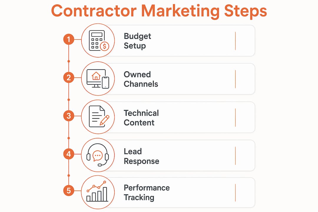 Infographic depicting five key contractor marketing steps in sequence