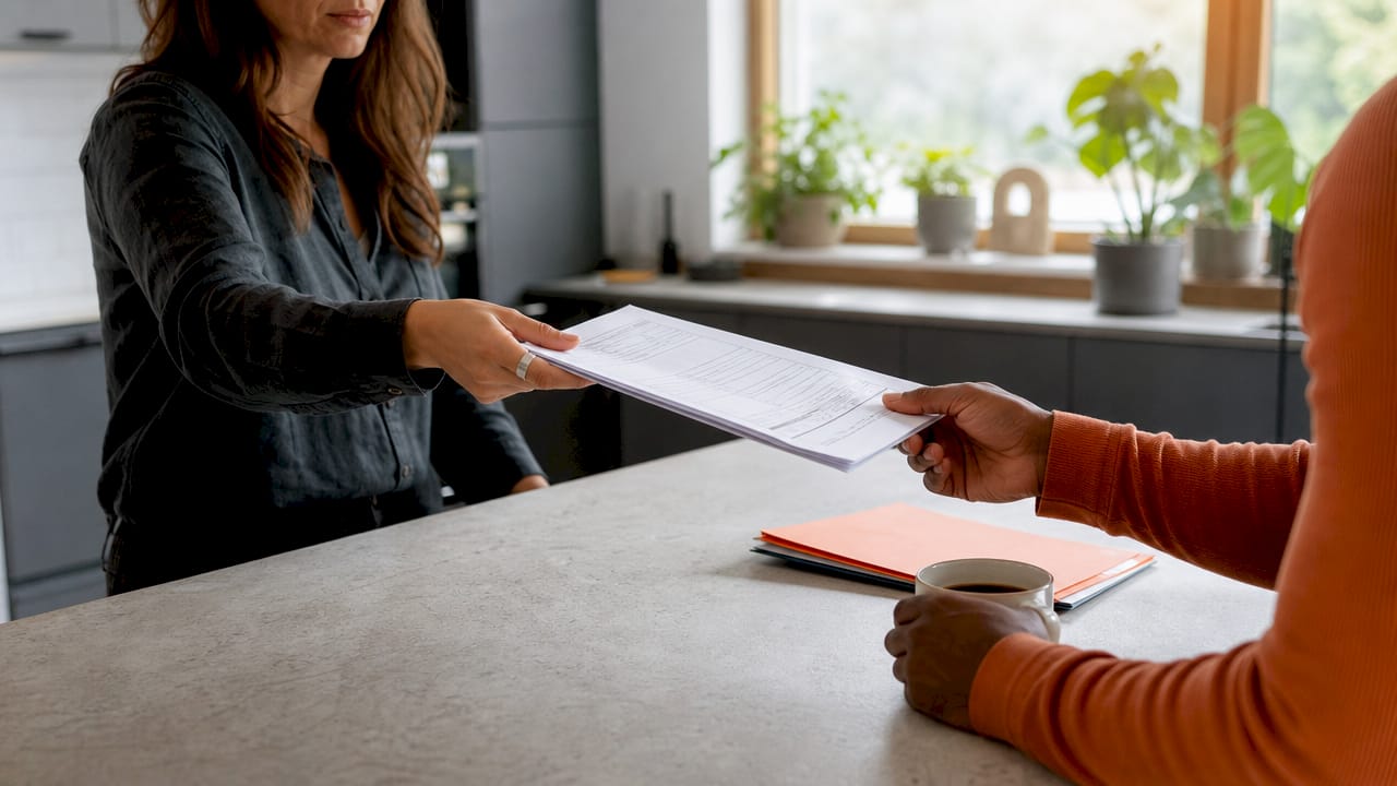 Hands exchanging supplier workflow documents