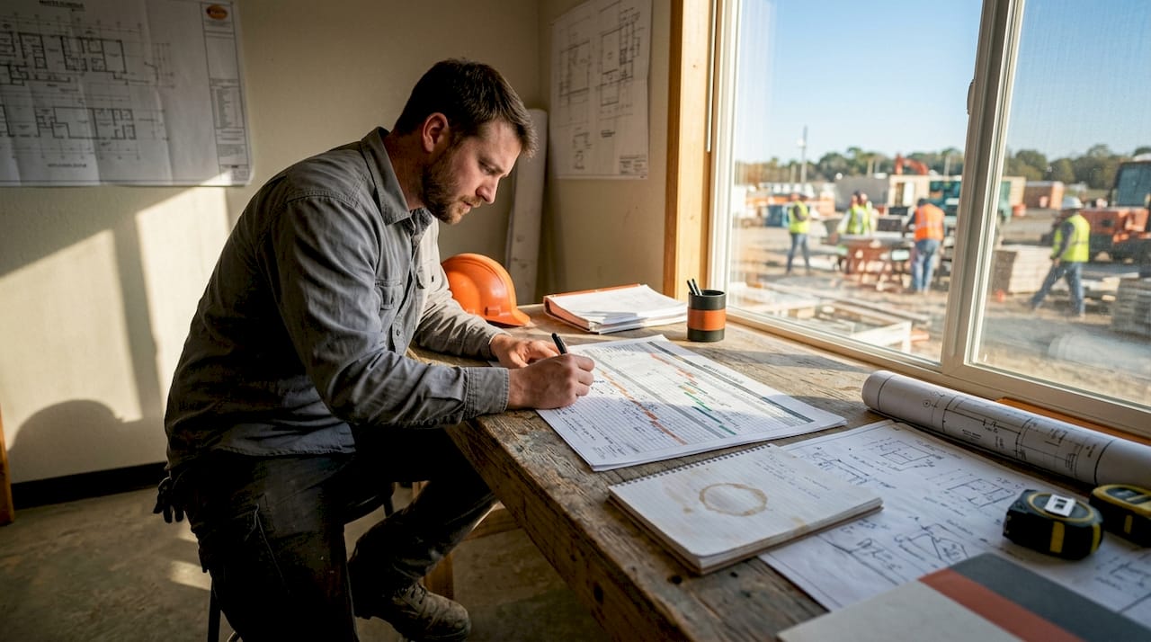 Project engineer reviewing construction schedule at site trailer desk