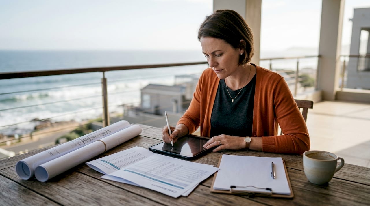 Project manager reviewing CRM data in coastal office