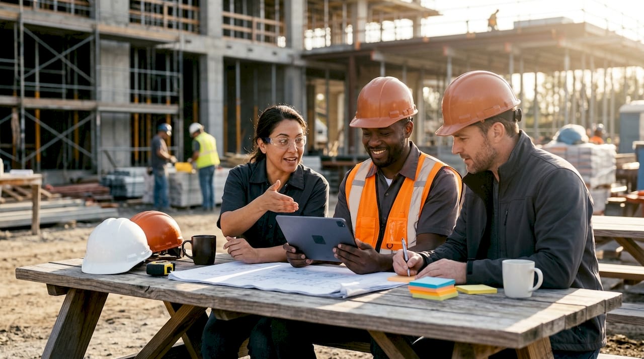 Construction team collaboratively using CRM tools