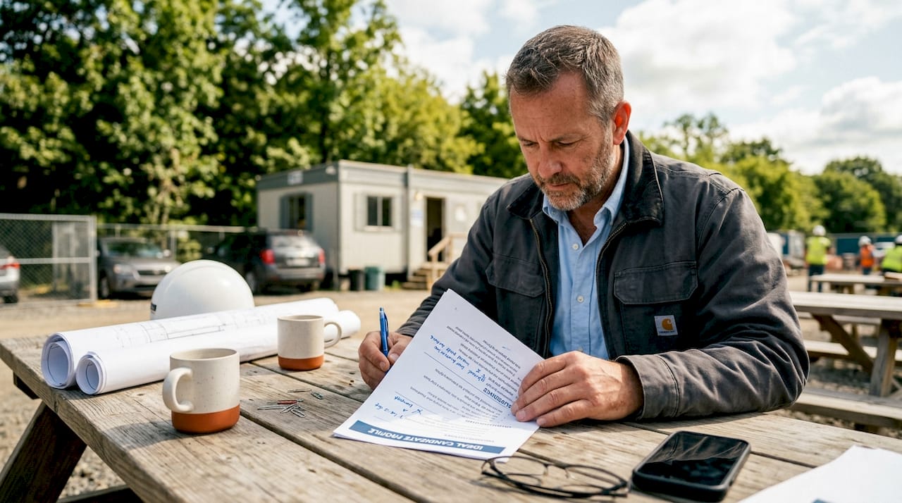 Construction project manager reviewing hiring documents