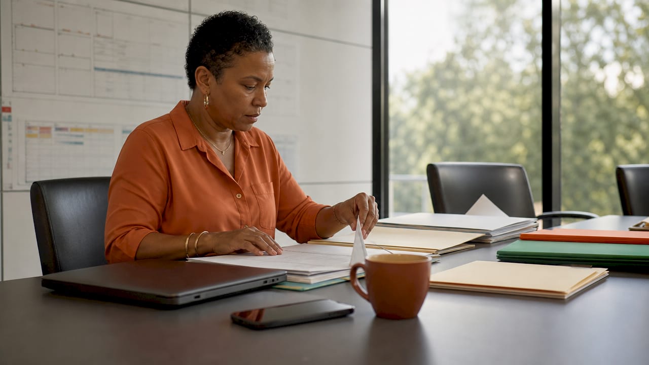 Contract manager organizing government contracts at desk