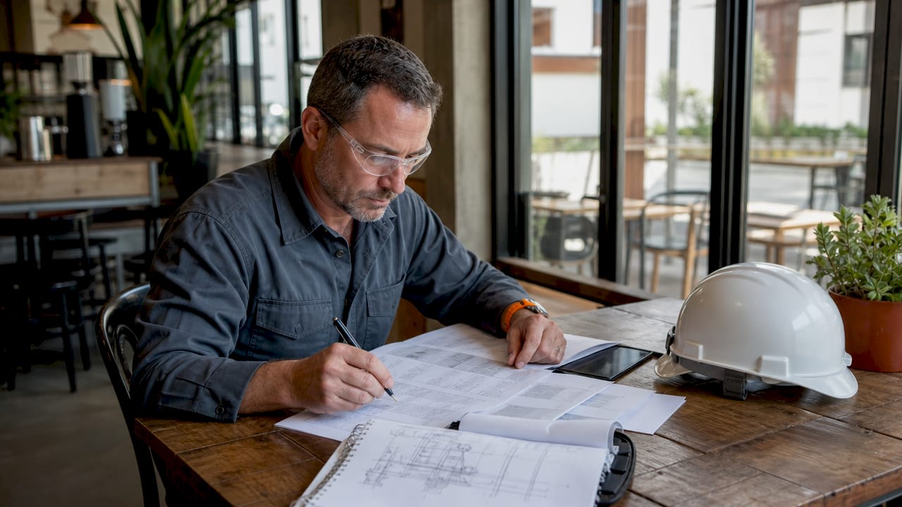 Contractor reviewing bonding documents at office table