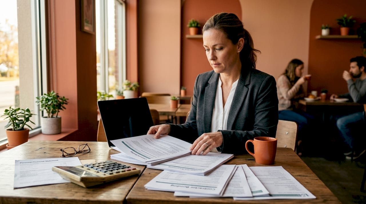 Hands arranging financial documents on desk