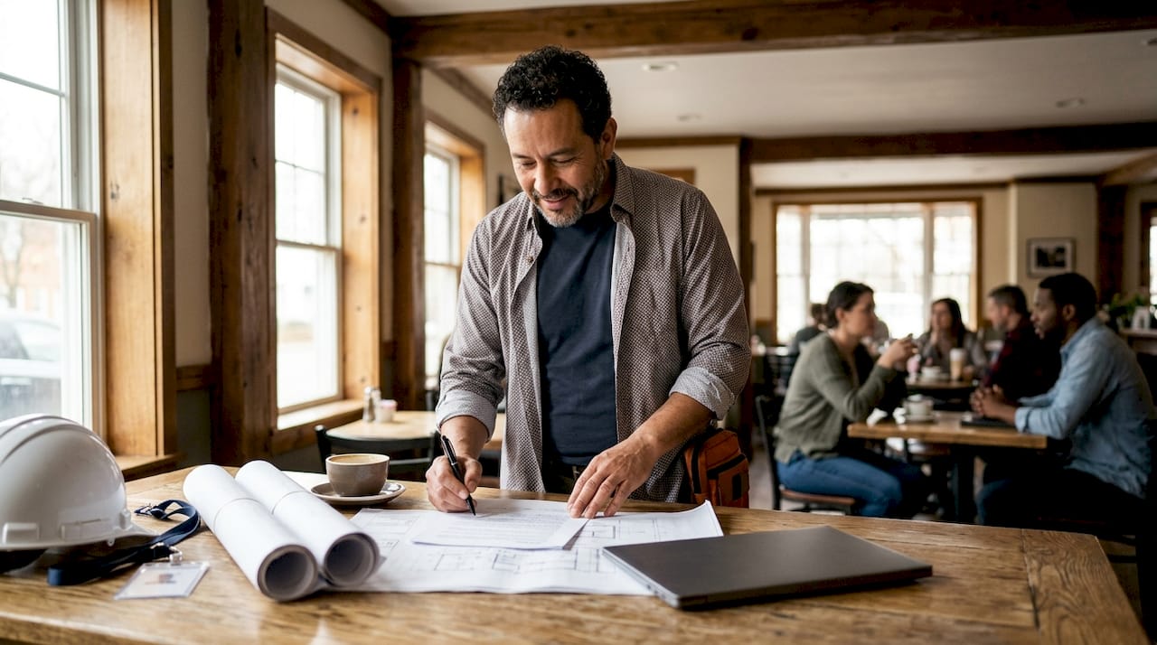 Project manager reviewing federal contract documents