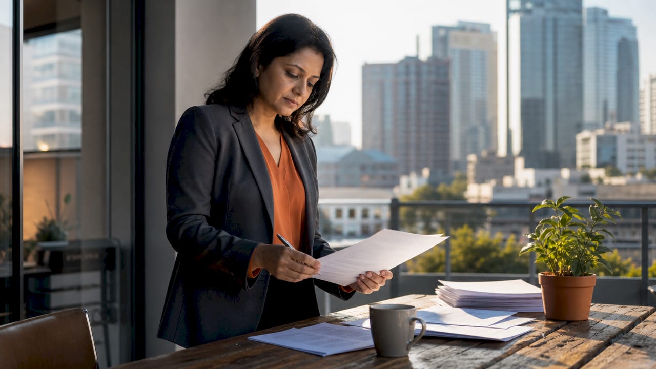 Woman reviewing supplier documents at office desk