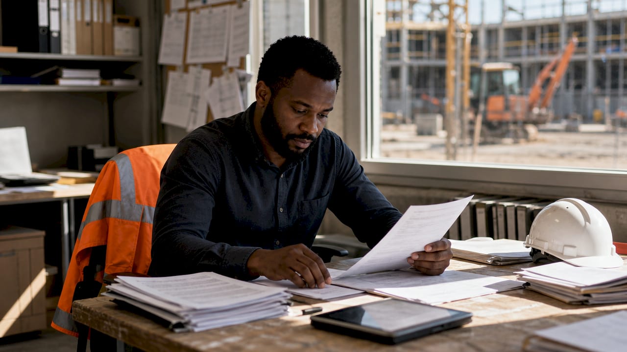 Hands checking subcontract contract documents
