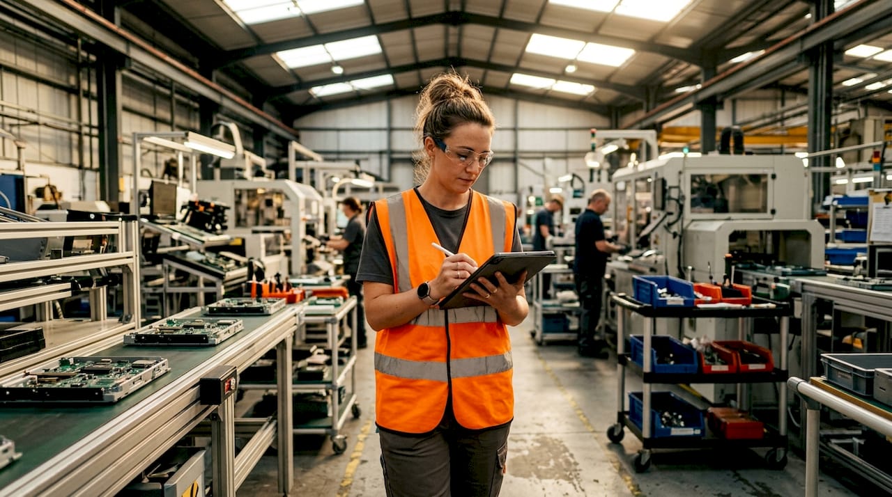 Quality control inspector logging project data on production floor