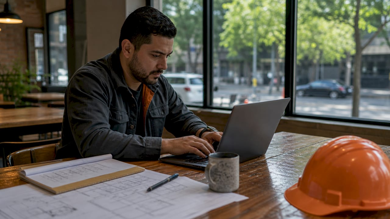 Contractor using CRM software at home office desk