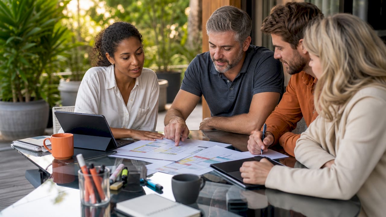 Contractors collaborating on CRM workflow charts overhead view