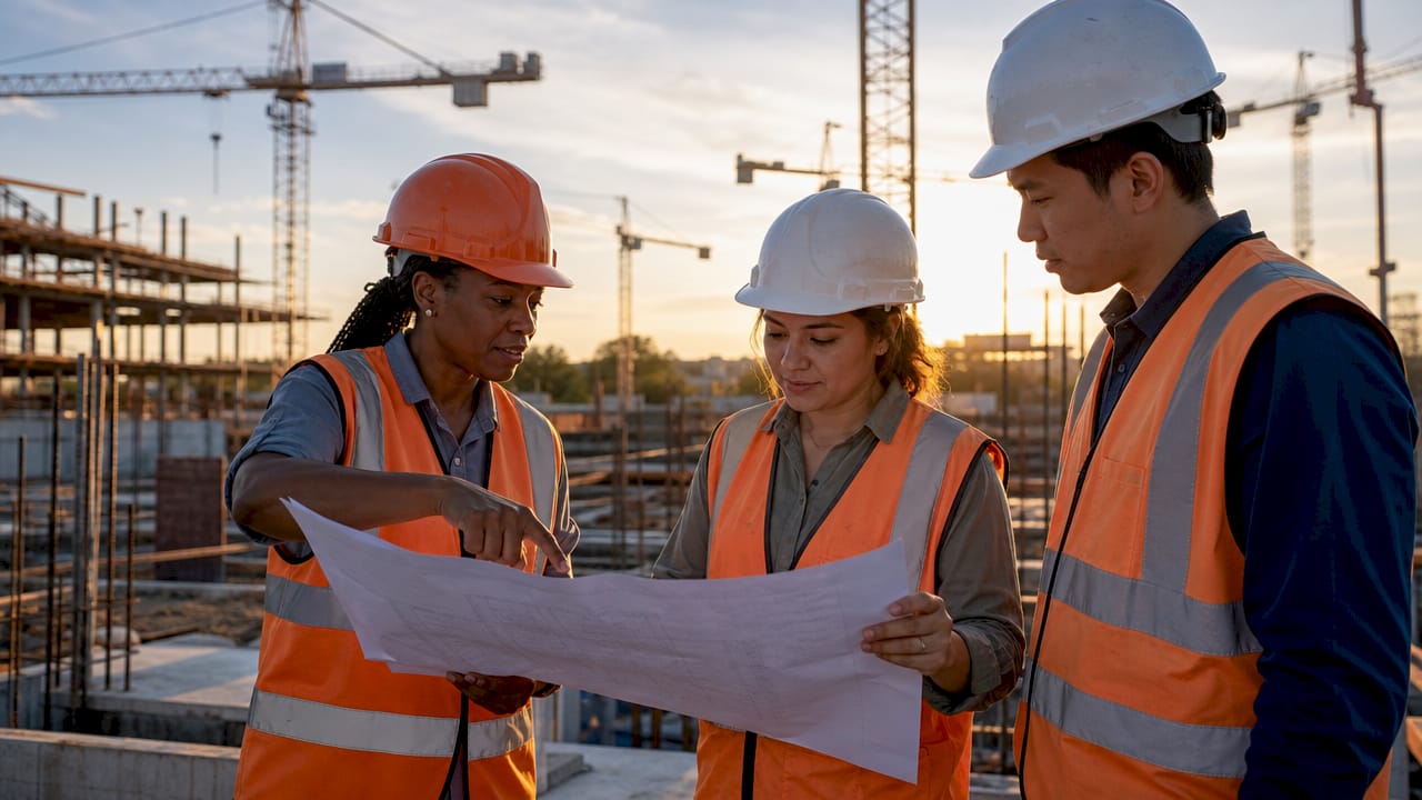 Foreman briefing crew at commercial construction site