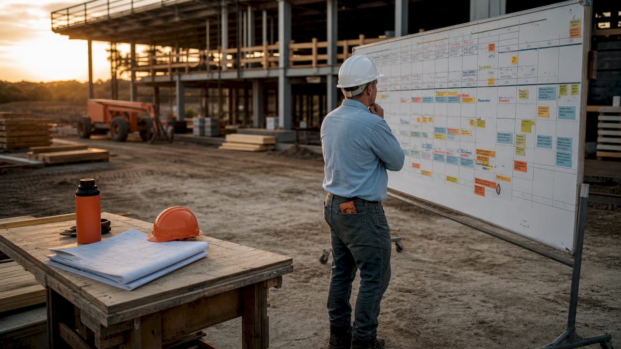 Contractor arranging worker schedule in site office