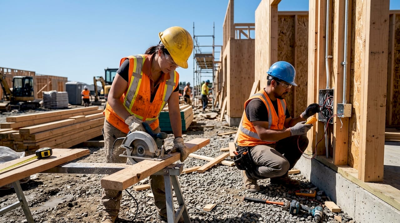 Multi-skilled construction workers collaborating on site