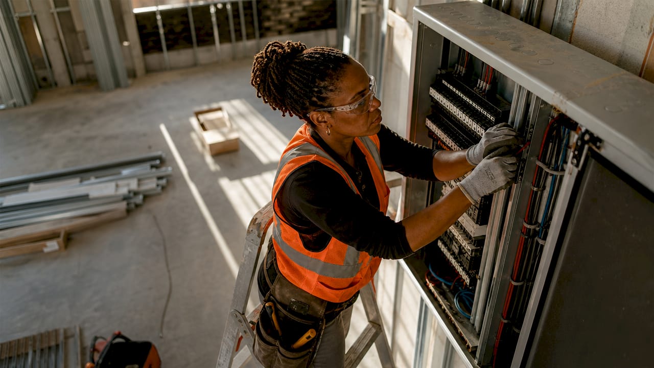Electrician wiring panels on commercial construction site