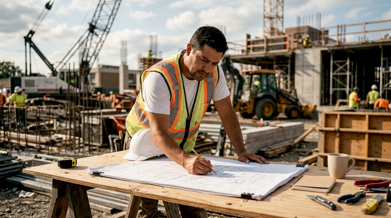 Contractor reviewing commercial construction blueprints