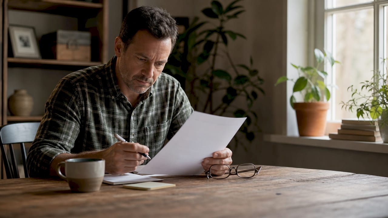 Contractor reviewing business sale documents at desk