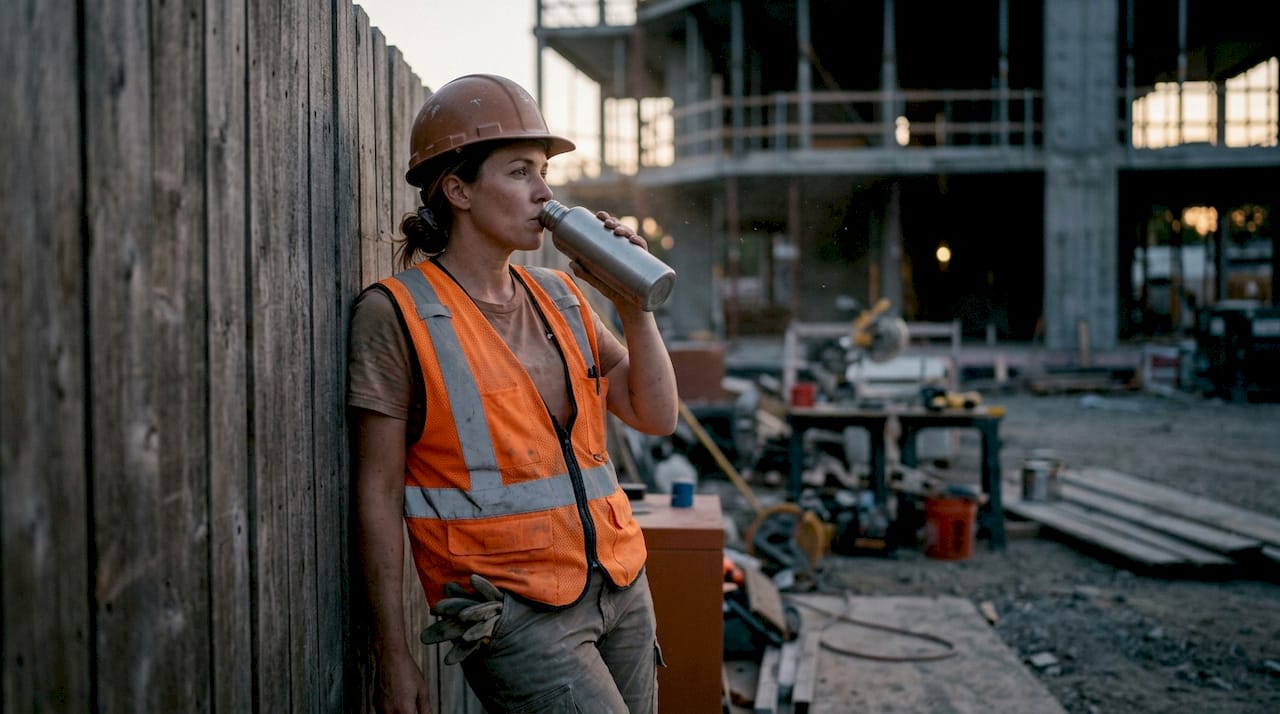 Tired female construction worker resting at site