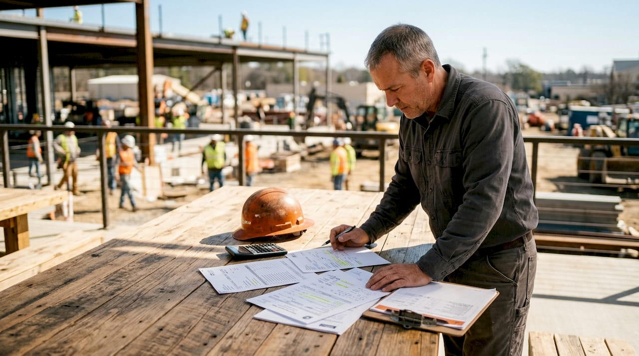 Contractor reviewing bid and estimate documents
