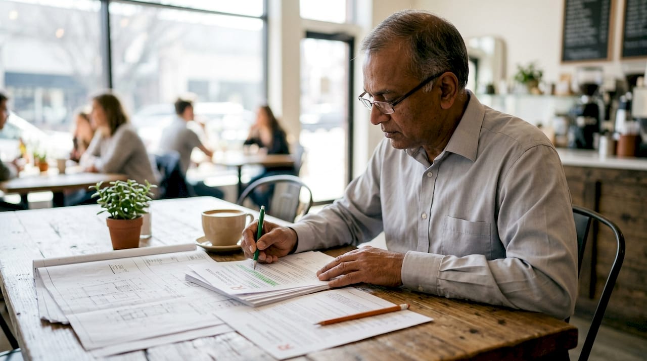 Contractor reviewing bid submission documents in office