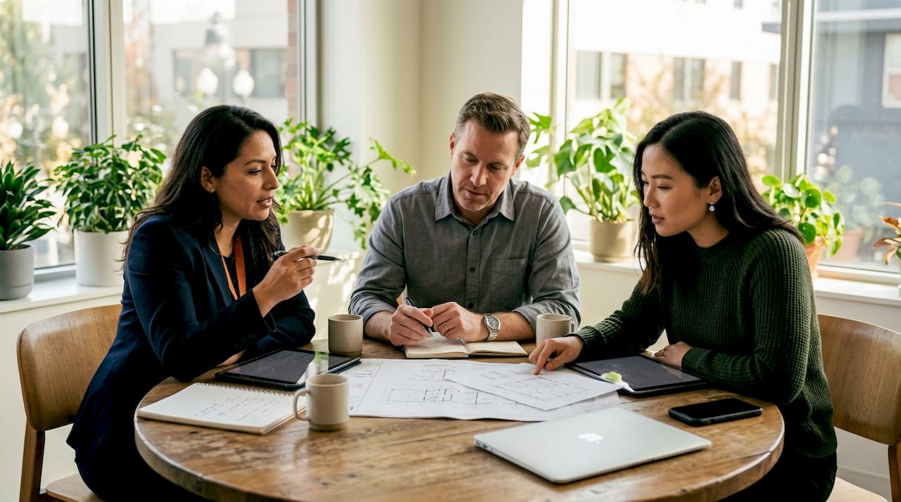 Team meeting reviewing construction market plans