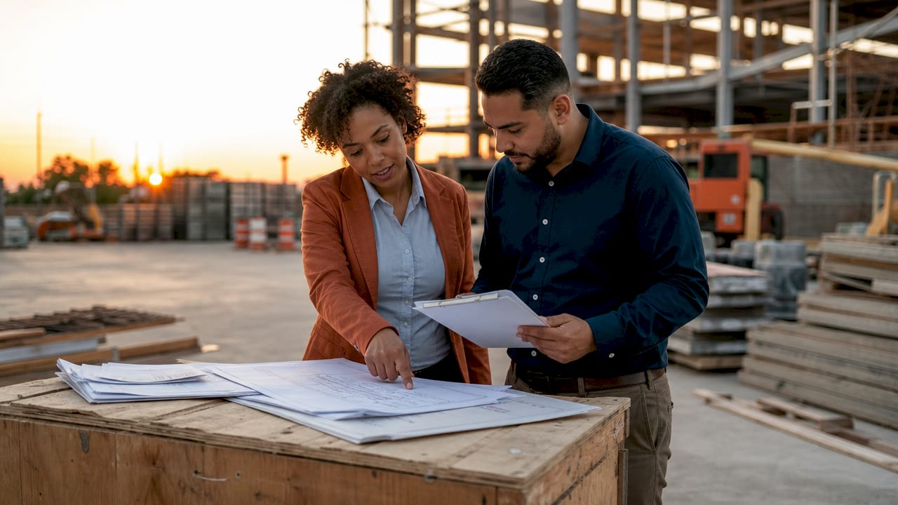 Contractors discussing procurement documents on site