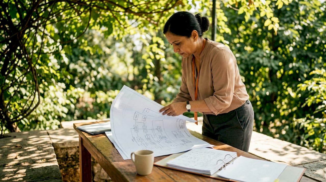 Manager reviewing manufacturing CRM workflow diagrams