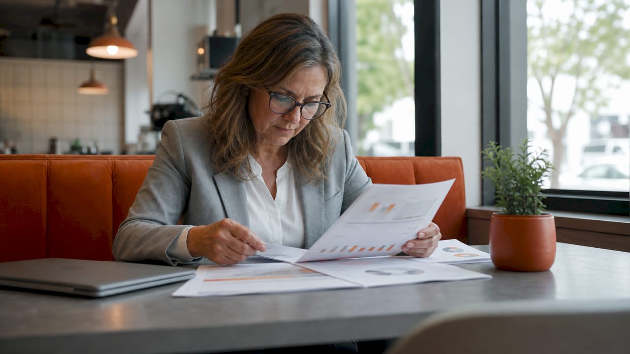 Woman reviewing contractor marketing documents at desk