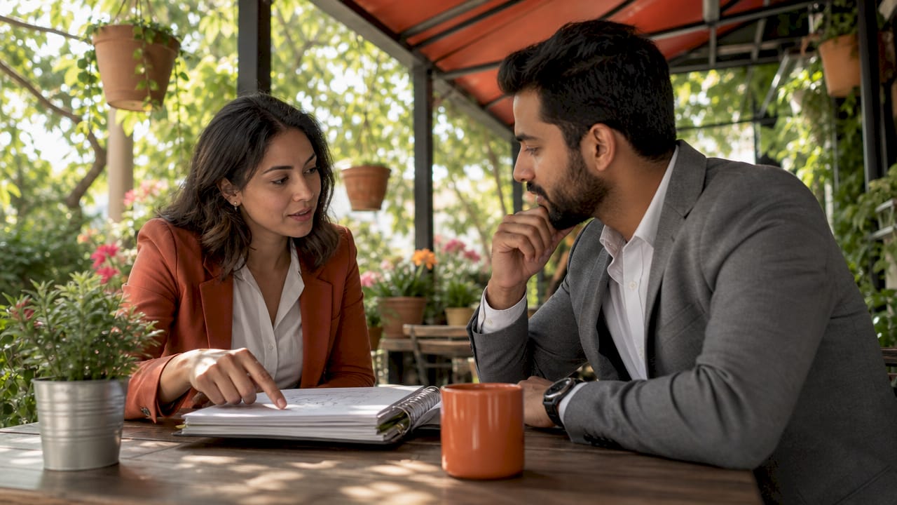 Two professionals discussing digital marketing at cafe table