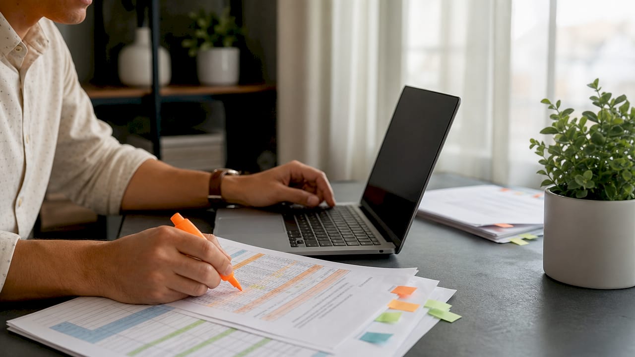 Hands calculating and reviewing subcontractor bid documents
