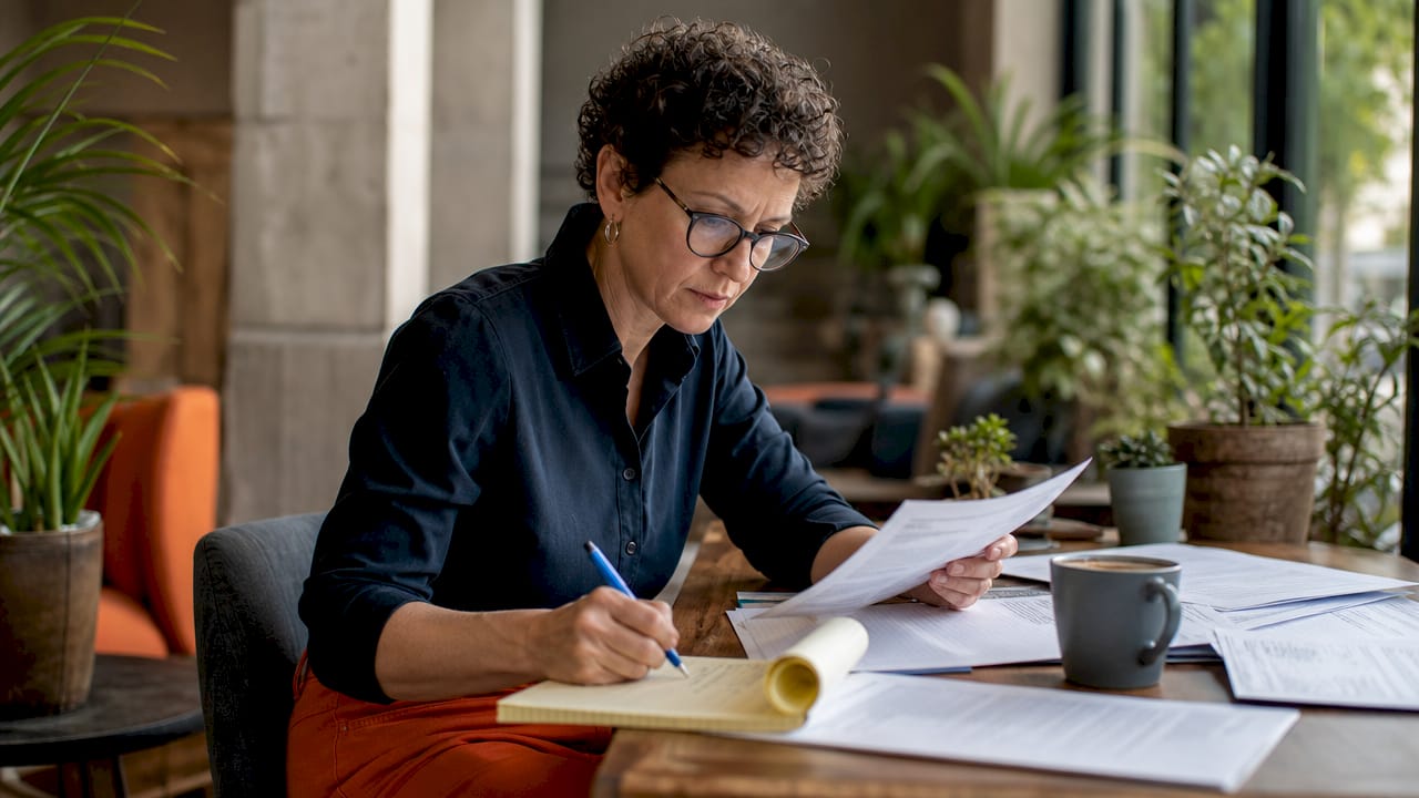 Technical writer reviewing federal bid documents at office desk