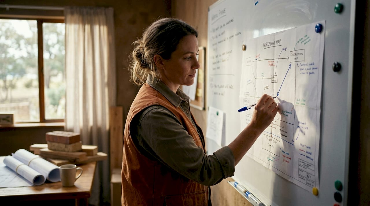 Close-up of supervisor marking workflow map on corkboard