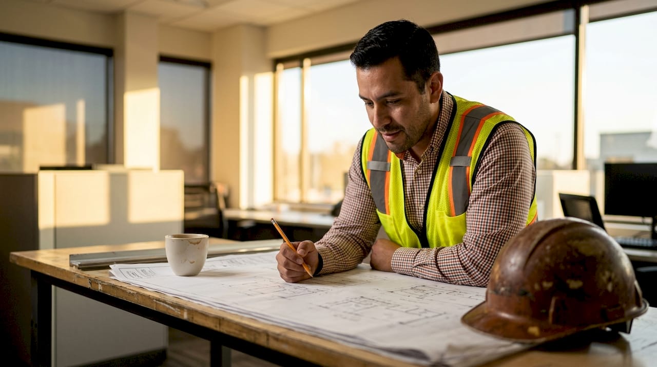 Construction project manager reviewing blueprints