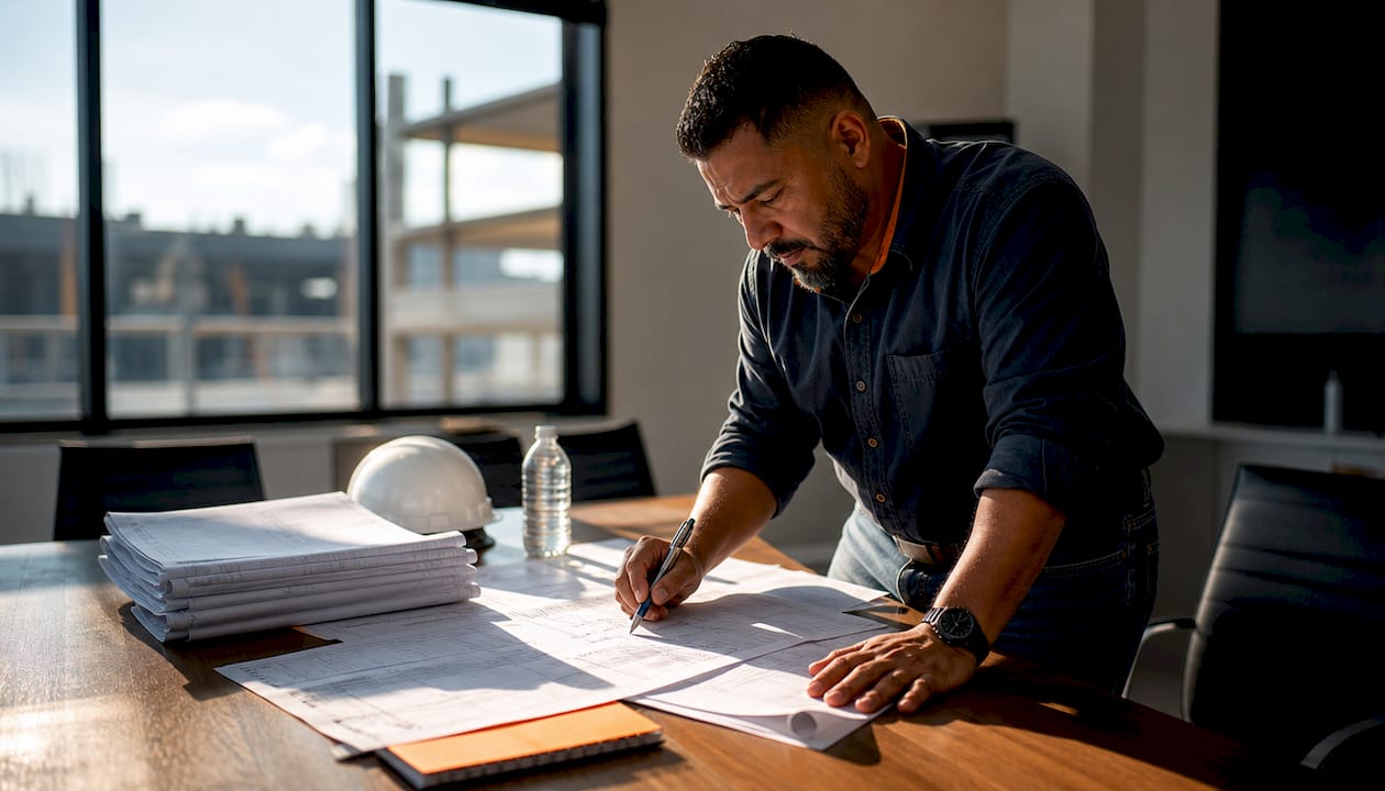 Contractor reviewing bid bond documents in trailer office
