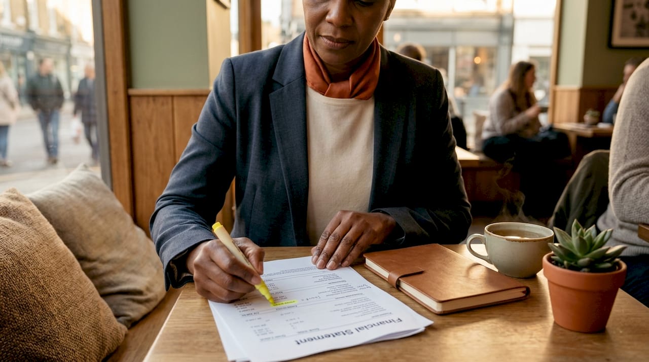 Surety agent reviewing financial documents at desk