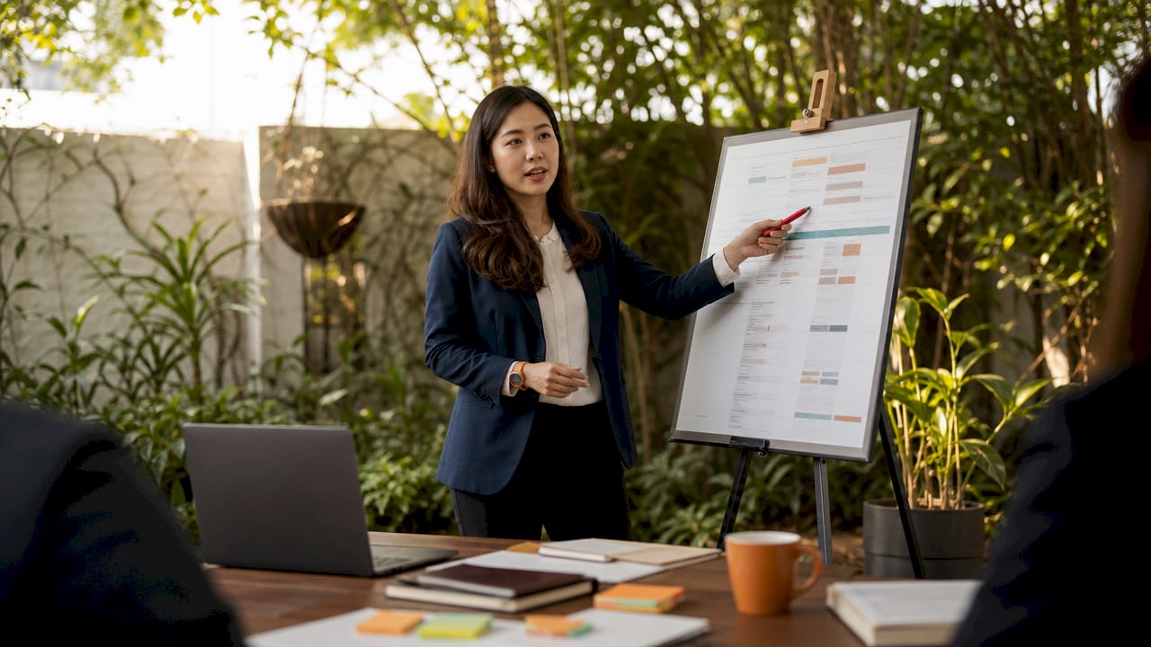 Compliance coordinator explaining checklist in meeting room