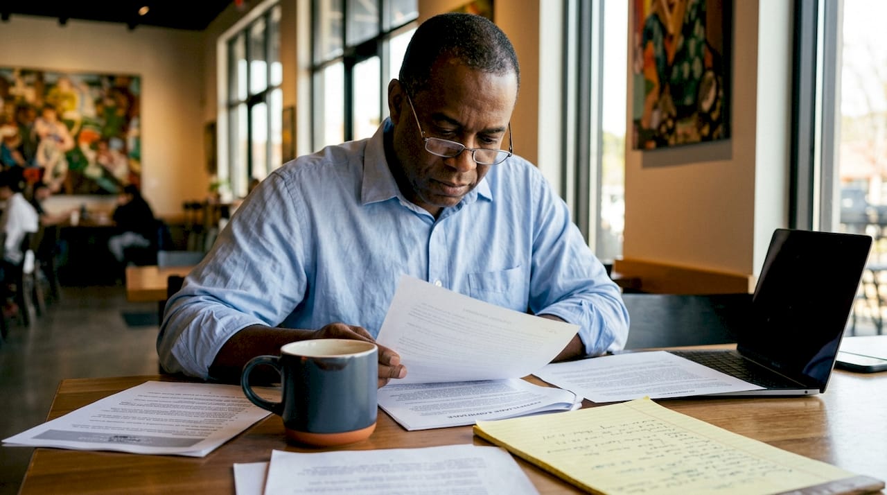 Project manager reviewing government contract documents