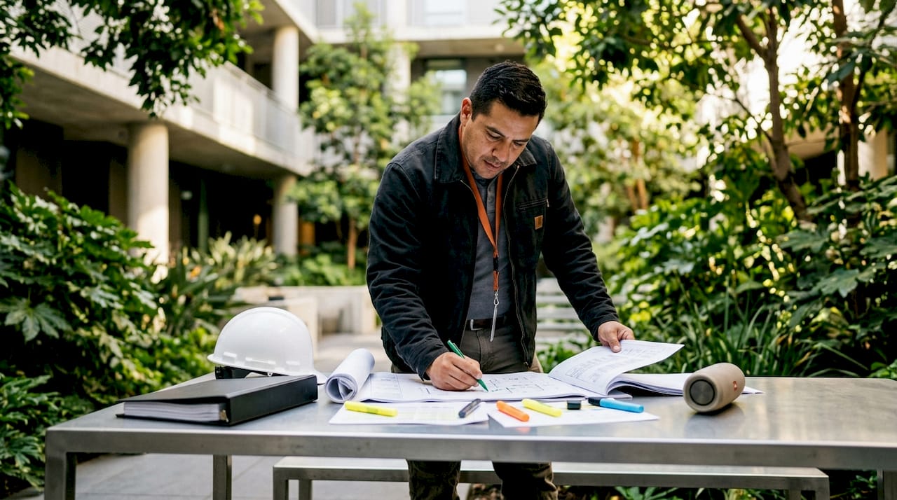 Construction manager reviewing project execution documents