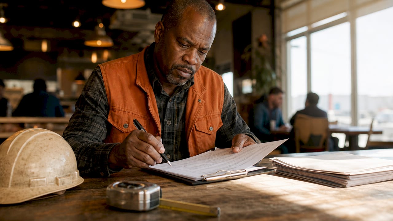 Contractor reviewing insurance documents in trailer office