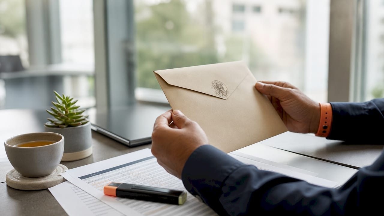 Hands holding sealed federal bid envelope with regulations