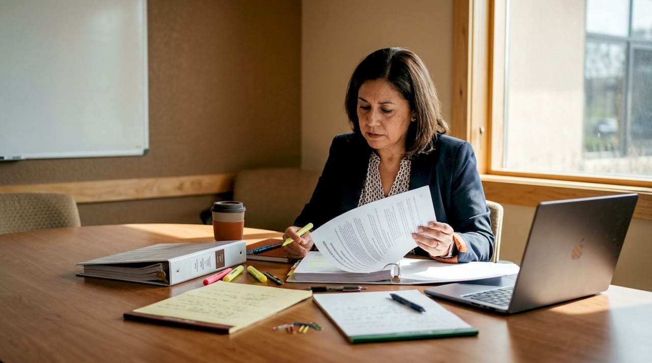 Woman reviewing federal contract documents at desk