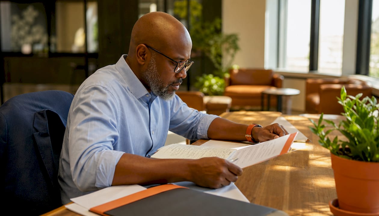 Contracting officer reviewing documents at desk