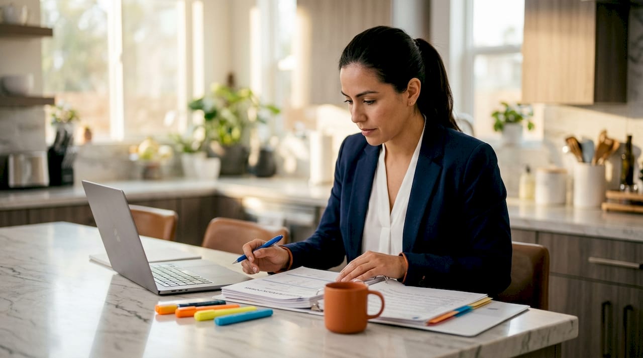 Contractor reviewing registration papers at home office