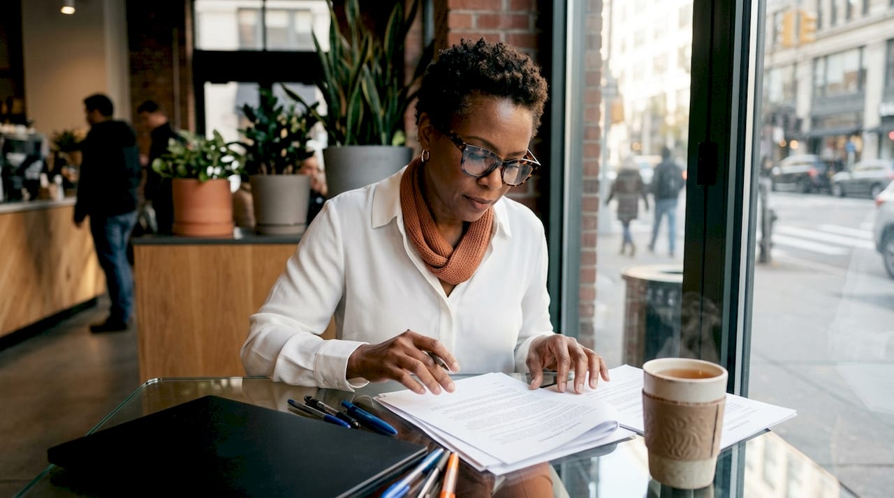 Recruiter reviewing commission documents at office desk