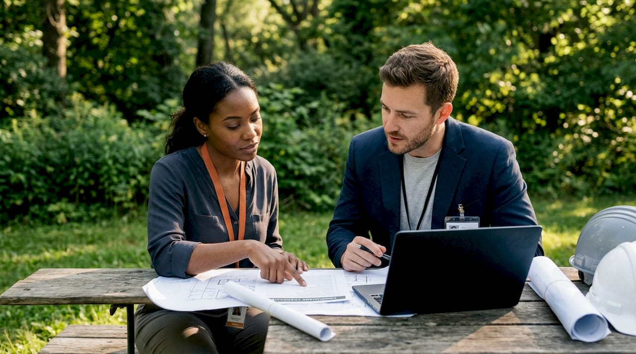 Contractors reviewing compliance documents