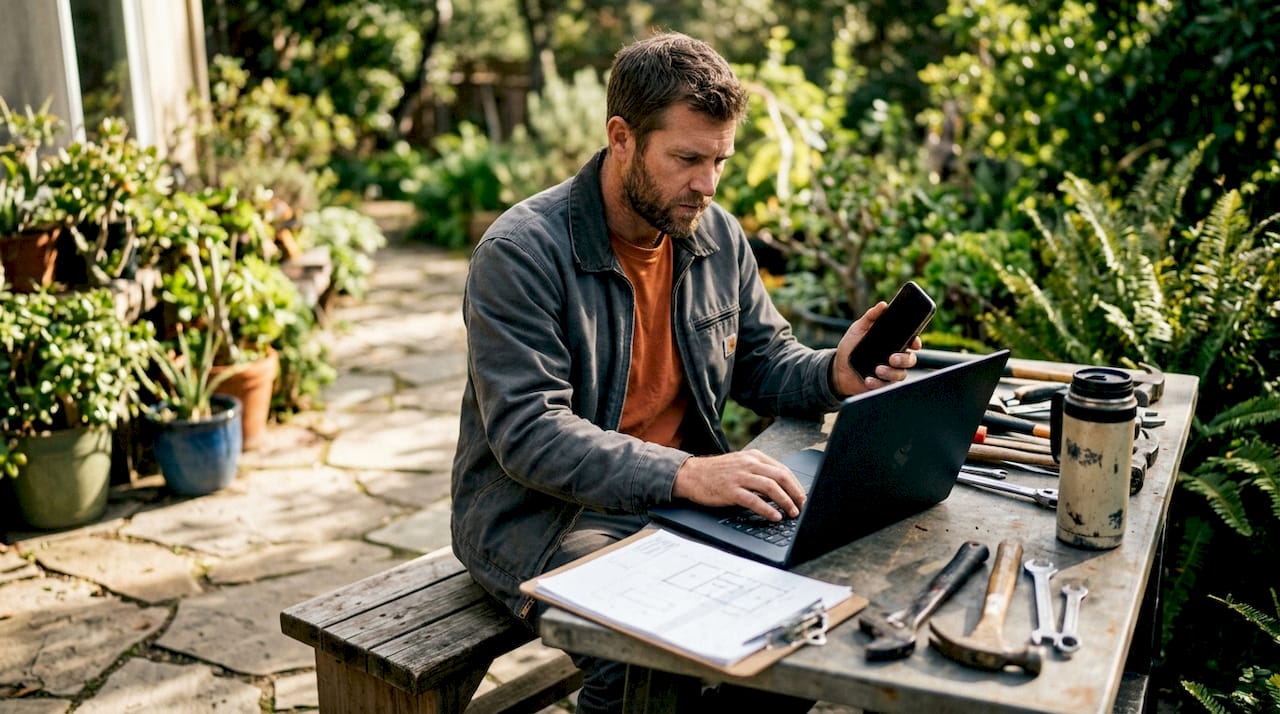 Contractor using CRM on laptop in workshop