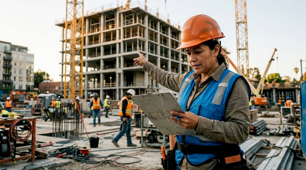 Project manager reviewing risk checklist onsite