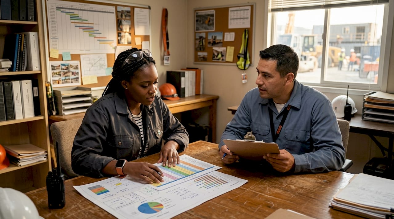 Construction managers discussing financial impact of substitution