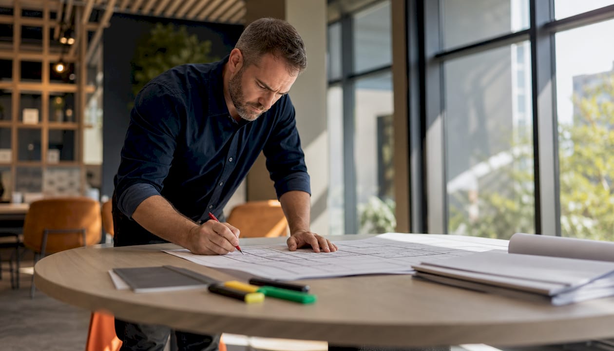Project manager reviewing construction blueprints