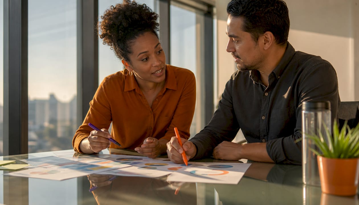 Two consultants discussing onboarding workflows at table